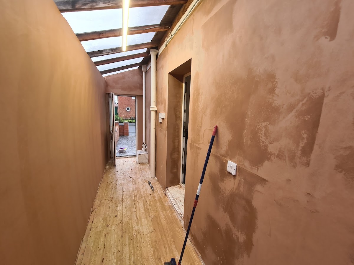 Hallway fully skimmed, ready for decorating
